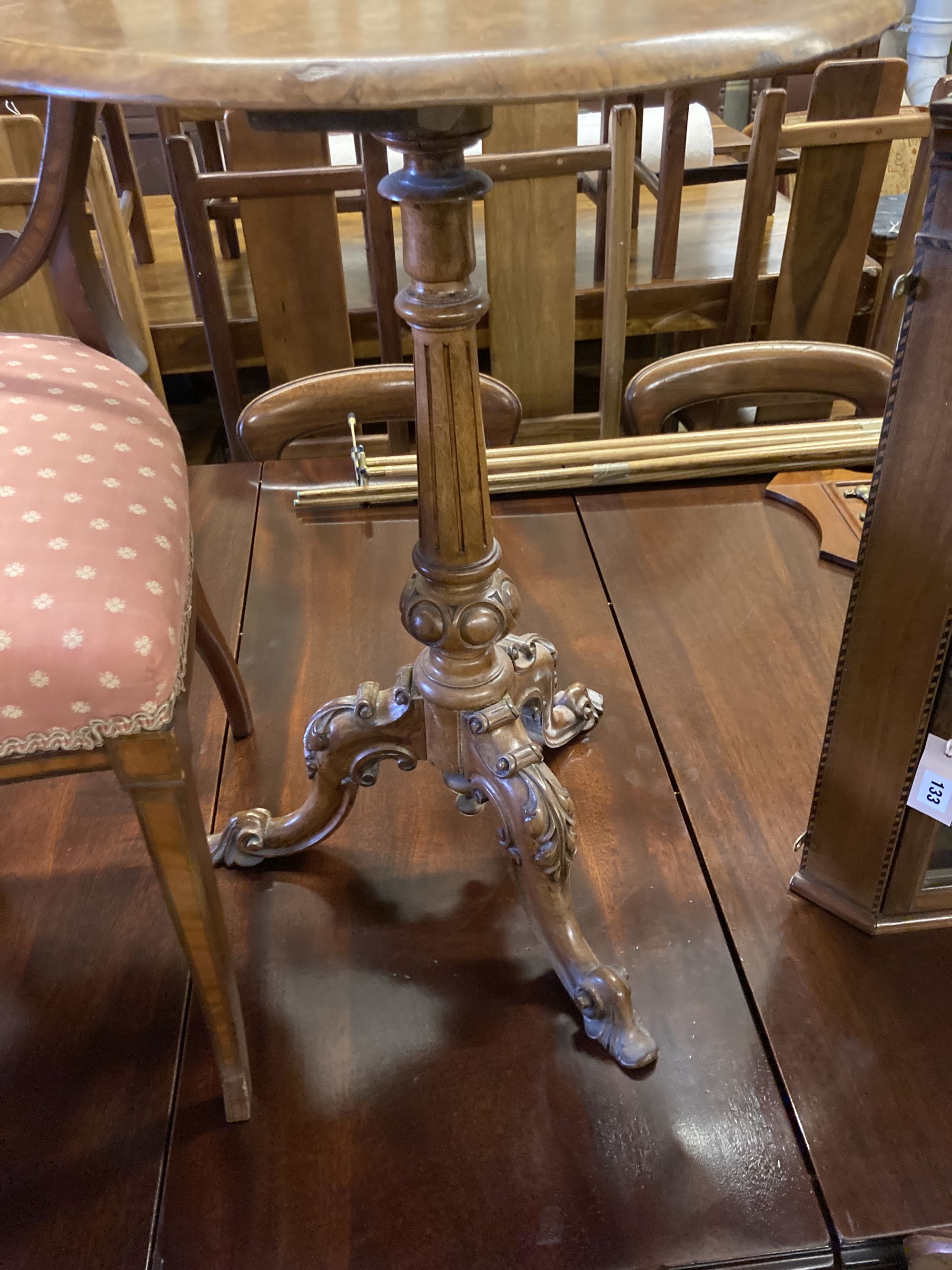 A Victorian burr walnut circular tripod wine table, 48cm diameter, height 70cm and an Edwardian satinwood banded salon chair